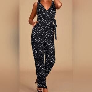 Lulus Aislinn Black Polka Dot Wrap Front Sleeveless Tapered Jumpsuit Medium
